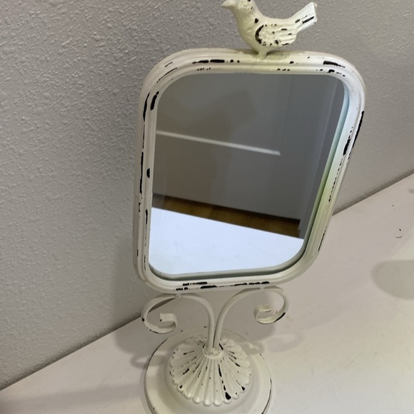 Dresser Vanity Table Top Mirror Shabby Chic Whited Painted Metal Cast Iron Bird - Picture 9 of 9